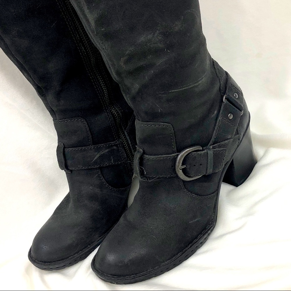 BORN Buckle Leather Moto Boots Tall {Charcoal}